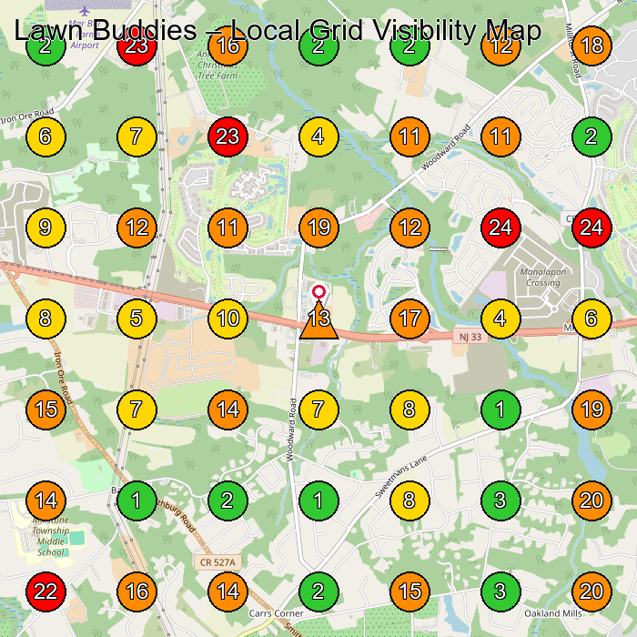 Lawn Buddies Lawn Care Service GeoGrid ranking map for Manalapan Township NJ